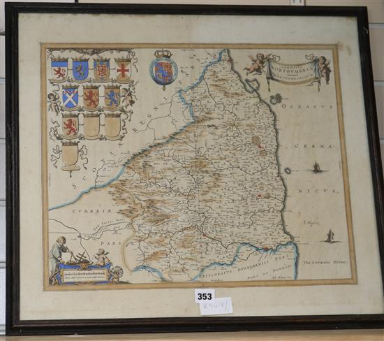 Johannes Blaeu, coloured engraving, map of Northumbria, Latin text verso, overall 51 x 57cm